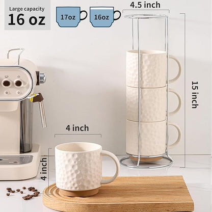 Nihow 16 OZ Ceramic Coffee Mug with Stackable Stand,Set of 4,White | Stackable, Stainless Stand Included, Cappuccino & Tea, Hot/Cold Drinks, Dishwasher & Microwave Safe