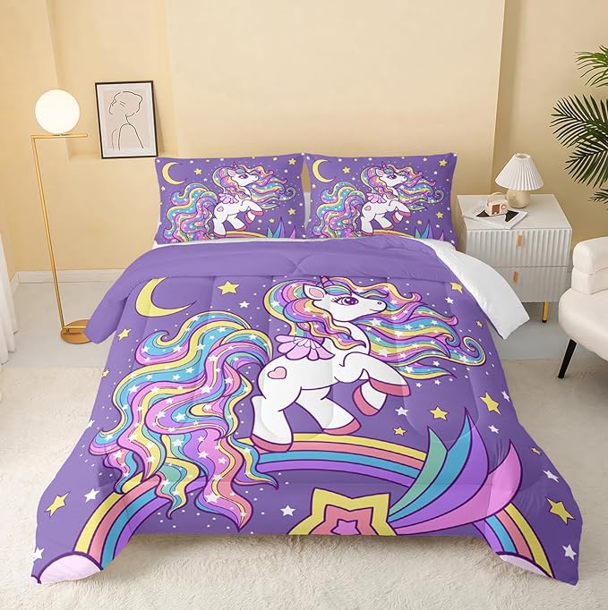 Unicorn Comforter Full Size,Rainbow Unicorn Comforter Set for Kids Teens Girls,3Pcs Bedding Set Printed Comforter with 2 Pillowcases,Down Alternative,Soft and Lightweight(Purple，Full Size)