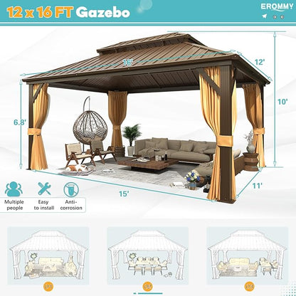 EROMMY 12' x 16' Hardtop Gazebo, Aluminum Frame Gazebos with Galvanized Steel Double Roof, Permanent Outdoor Metal Pavilion with Curtain and Netting for Patio, Lawn, Deck