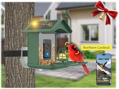 Smart Bird Feeder with Camera, AI Species Identify, Dual Solar Powered Birdfeeder Cam for Outside IP65 with 2.4GHz WiFi, 2K HD Auto Capture Birds Video for Bird Lover (Green)