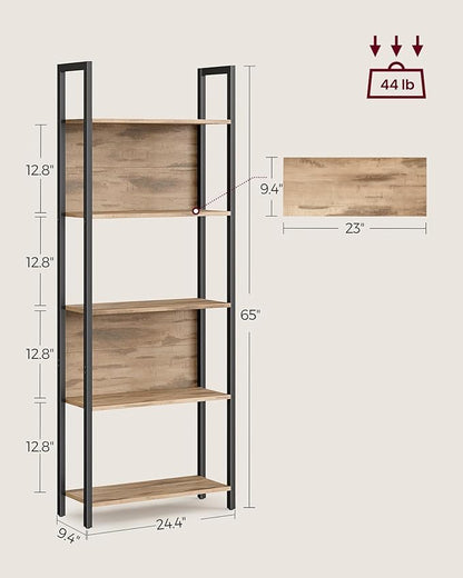 VASAGLE 5-Tier Bookshelf, Book Shelf, Industrial Bookcase, with Steel Frame, for Living Room, Home Office, Bedroom, 9.4 x 24.4 x 65 Inches, Camel Brown and Black ULLS025B50