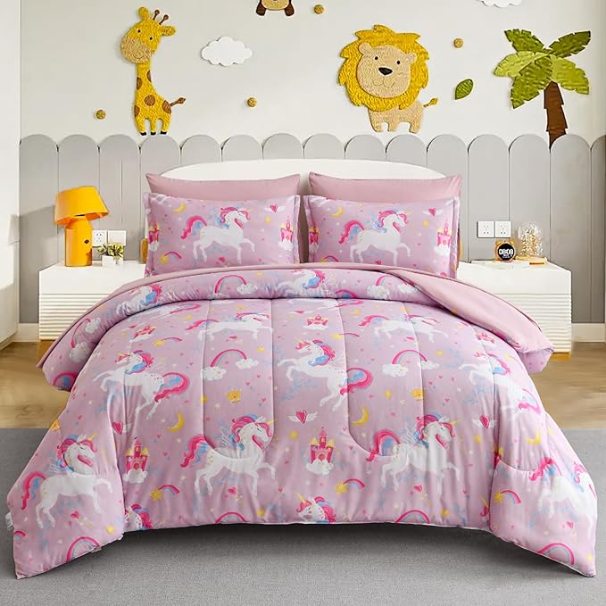 Kids Comforter Twin Bedding Sets for Girls, 6 Pieces Bed in a Bag with Shams, Sheet Set, Pink Unicorn Double Soft Microfiber Kids Comforter Bedding Set