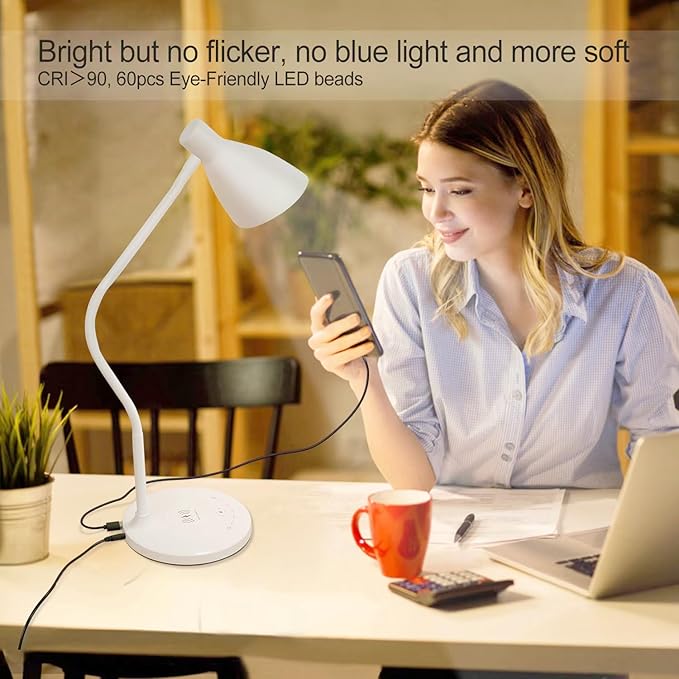 LED Desk Lamp with 15W Wireless Charger & USB Charging Port, 5 Colors, 6 Brightness Dimmable Reading Lamp Eye Care Touch Control Metal Table Lamp Flexible Gooseneck Desk Light for Home Office