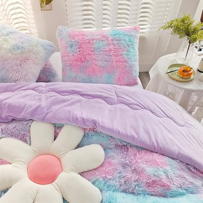 Faux Fur Kids Girls Purple Rainbow Comforter Sets Twin/Full - 3PC Bed Set Warm Comfortable Soft Plush Flannel Velvet Fluffy Fuzzy Bedding（Comforter x 1 Pillowcases x 2）
