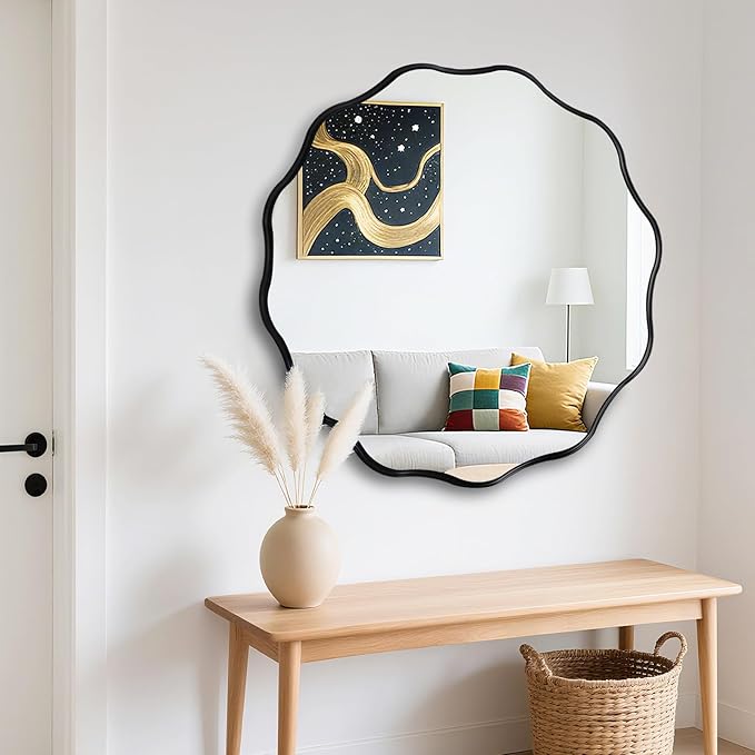 Fabuady Black Round Wavy Edge Mirror - 30'' Circle Wall Mirror with Metal Frame, Decorative Hanging/Leaning Mirror for Bathroom, Bedroom, Living Room, Hallway, Entryway, Office, Home Decor