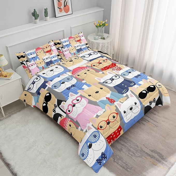 Datura home Dog Comforter Beddding Set for Kids Children,Puppy Pug Cute Dog Pattern Cartoon Career Pet Bedding Set with 1 Comforter and 2 Pillowcases(Dog Full)