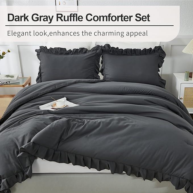 Andency Dark Gray Comforter Set Full, 3 Pieces Full Bed Solid Bedding Comforters & Sets, (1 Ruffle Comforter and 2 Pillowcases) All Season Lightweight Fluffy Soft Microfiber Bedding Set(79x90Inch)