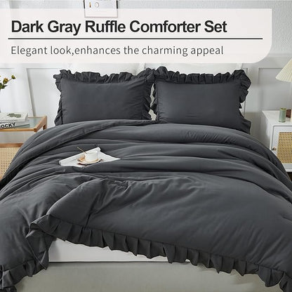 Andency Queen Comforter Set Dark Gray, 3 Pieces Boho Lightweight Summer Solid Bedding Comforters & Sets, Double Women Men Grey Ruffle Farmhouse Bed Set (90x90In Comforter & 2 Pillowcases)