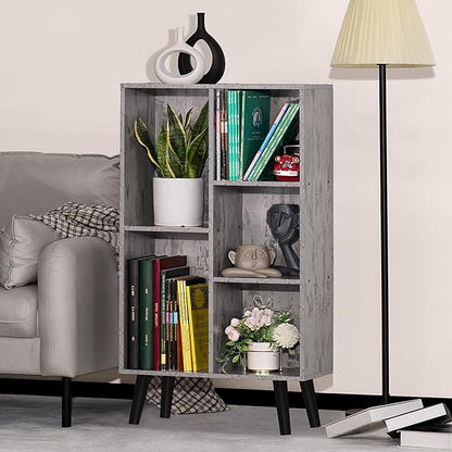 5 Cube Small Bookshelf,3 Tier Mid-Century Modern Bookcase with Legs,Wood Bookshelves Storage Organizer Shelf,Free Standing Narrow Book Shelves,Rustic Grey Corner Bookcases for Bedroom,Living Room