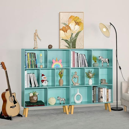 LEYAOYAO 7 Cube Bookshelf 3-Tier Bookcase with Legs, Mint-Green Kids Book Shelf Cute Storage Organizer, Toy Shelves Bookshelves,Wood Display Bookcases