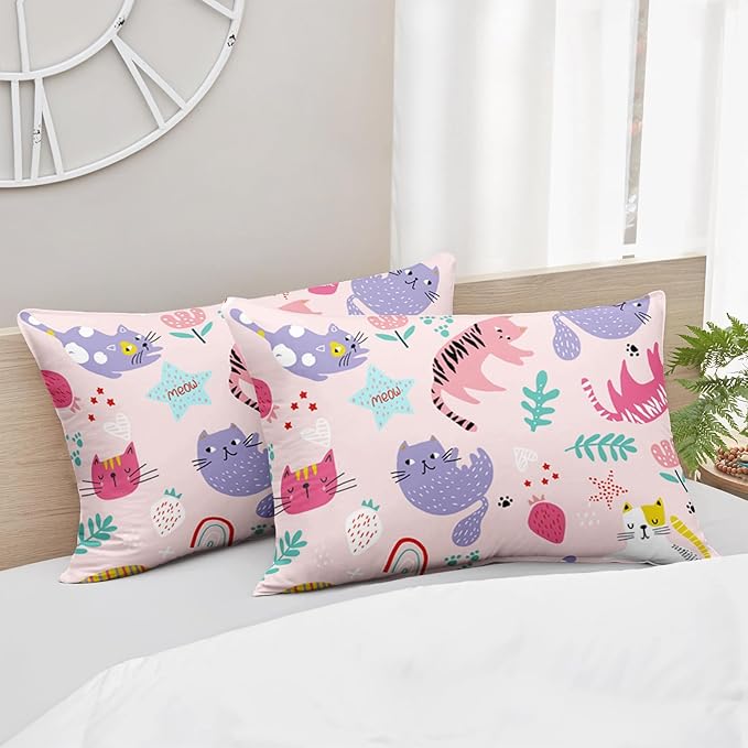 Kawaii Cats Comforter Queen Size,Pink Cats Kids Comforter Set,3Pcs Bedding Set Printed Comforter with 2 Pillowcases,Down Alternative,Soft and Lightweight,for All Seasons