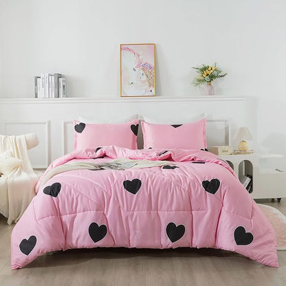 Love Pattern Girls Pink Comforter Set Full Size, Blush Pink Cute Love Heart Sexy Comforter Bedding Set for All Seasons, Geometric Microfiber 3 Pieces Comforter Set with Pillowcases