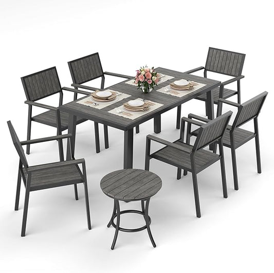 Pamapic Aluminum Outdoor Dining Set, Patio Dining Set for 8 with 6 Outdoor Stackable Chairs, Patio Table and Chairs Set with Plastic-Wood Table Top for Patio, Garden(Charcoal Gray)