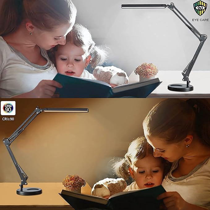LED Desk Lamp with Clamp and Round Base, Swing Arm Eye Caring Table Lamp, 3 Color Modes 10 Brightness Levels, Memory Function Lamp with USB Adapter, Desk Light for Home Office 14W Black