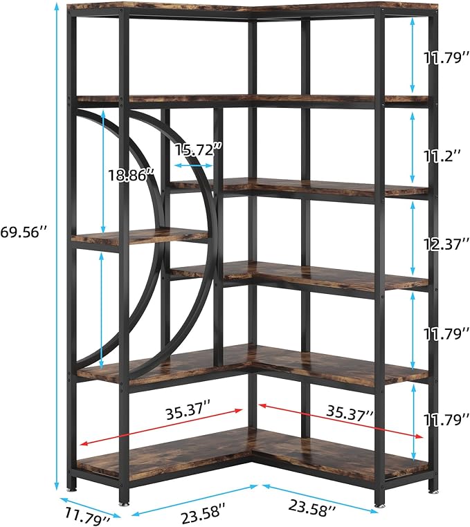 TIYASE 6-Shelf Corner Bookshelf Industrial 6-Tier Corner Etagere Bookcase, Large Corner Shelf L-Shaped Book Shelves Display Storage Rack with Metal Frame for Living Room Home Office, Rustic Brown