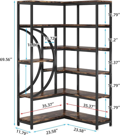 TIYASE 6-Shelf Corner Bookshelf Industrial 6-Tier Corner Etagere Bookcase, Large Corner Shelf L-Shaped Book Shelves Display Storage Rack with Metal Frame for Living Room Home Office, Rustic Brown