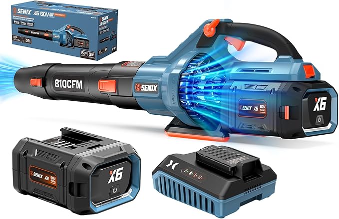 SENIX Leaf Blower Cordless, 60V Max 1300W Brushless Electric Leaf Blowers, 810 CFM & 170 MPH, Stepless Speed, Cruise Control, 60V 4.0Ah Battery & Charger Included,Blowers for Lawn Care, Yard, Garden