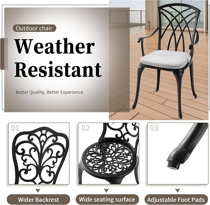 3 Piece Bistro Table Set Cast Aluminum Outdoor Bistro Table and Chairs Set of 2 with Cushion,Patio Bistro Sets with 1.97" Umbrella Hole,Metal Bistro Patio Set for Garden,Black