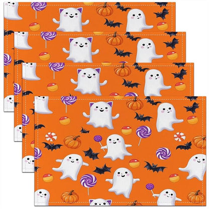 Feelyou Happy Halloween Placemats Set of 4 Cute Ghost Pumpkin Table Mats for Party Kitchen Dining Decoration Holiday Seasonal Orange White Purple Place Mat for Dinner Table Indoor Outdoor 18"x12" Bats
