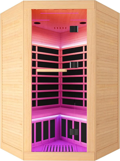 Sauna Room Far Infrared Saunas Home 1 to 3 Person Canadian Hemlock 2180W Low-EMF Dry Sauna with Oxygen Bar/7 Color Therapy/9 Heating Plates/Control Panel/Speakers 20-Year Aftersale