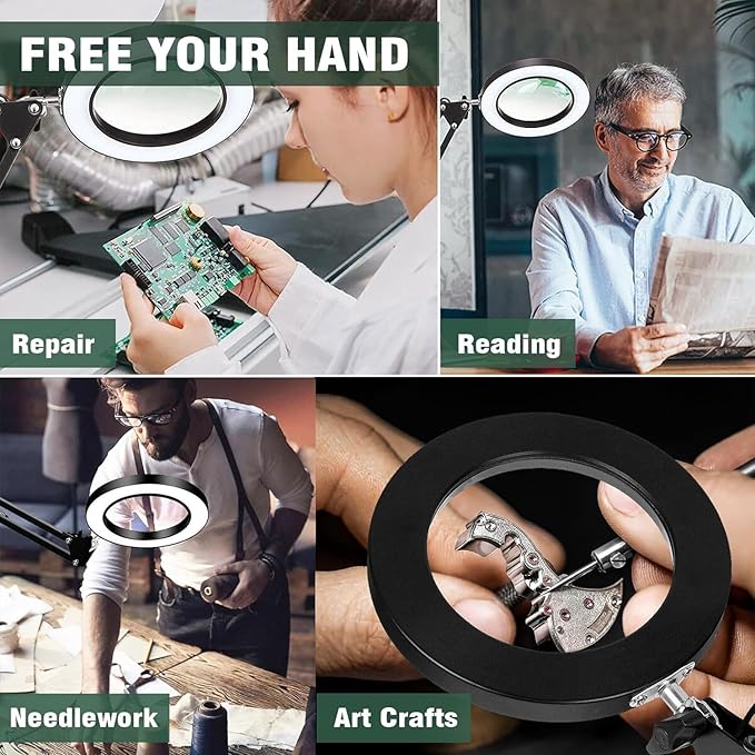 Magnifying Glass with Light and Stand, 10X Magnifying Lamp, 2-in-1 Magnifying Desk Lamp with Clamp, 3 Color Mode, Magnifying Glasses with Light for Close Work (2nd Generation Base ＆ Clamp)