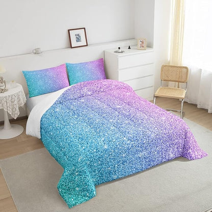 Colorful Glitter Bedding King Girly Turquoise Teal Blue Pink Pastel Girls Comforter Set 3 Pcs Trendy Quilt Duvet for Kid Women Down Comforter with Sparkle Sequin Pattern Bling Bedroom Decor Bed Cover