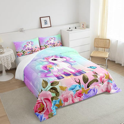 Cartoon Unicorn Kids Comforter Set Queen Size,Rose Flowers Butterfly Leaves Bedding Set,Girls Women Room Decor,Starry Sky Unicorn Cute Down Comforter,Pink Purple Romantic Duvet Insert,2 Pillowcases