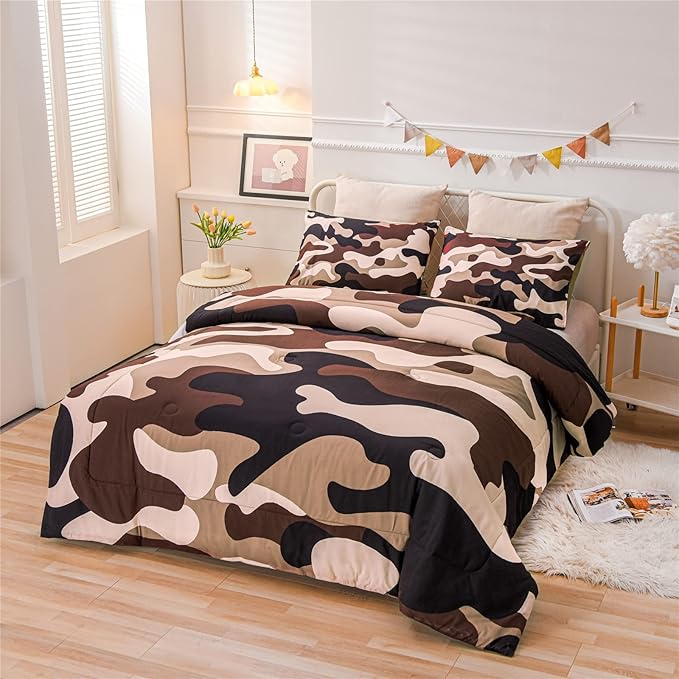 Meeting Story Camouflage Bedding Set, Colorful Pattern Style Queen Comforter Set, 3 PCS One Comforter and Two Pillowcases in One Bag, All Season Bedspread for Kids Teens Adults (Coffee, Twin)