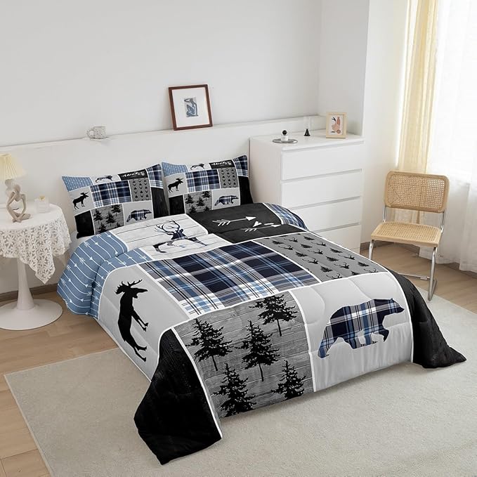 Rustic Adventure Kids Comforter Set Full Size,Deer Bear Pine Trees Xmas Bedding Set for Boys Girls Adults Room Decor,Plaids Arrows Wooden Patchwork Down Comforter,Blue Duvet Insert,2 Pillowcases