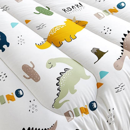 Datura home Dinosaur Comforter Set White Kawaii Dinosaur Printed Quilt Bedding Set with 1 Comforter and 2 Pillowcases for Boys and Girls Bedroom All Season(White Dinosaur Queen)