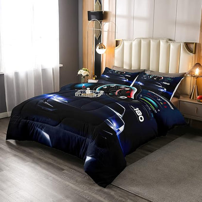 Erosebridal Teens Race Car Comforter Set Twin Size, Kids Cool Speed Racing Car Quilt Set, Extreme Sport Bedding Set for Boys Youth Adult Bedroom, Black Automobile Quilted Duvet for Bedroom