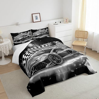 Feelyou Racing Car Comforter Set, Cool Speed Race Car Down Comforter King for Kids Boys Girls Teens Bedroom, Automobile Extreme Sport Bedding Set Plaid Checkered Duvet Sets with 2 Pillowcases,Grey