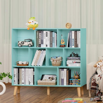 LEYAOYAO 10 Cube Bookshelf,3 Tier Modern Wide Bookcase with Legs,Mid-Century Wood Bookshelves Storage,Mint-Green Large Book Case,Freestanding Organizer Display Shelf for Bedroom,Living Room,Office