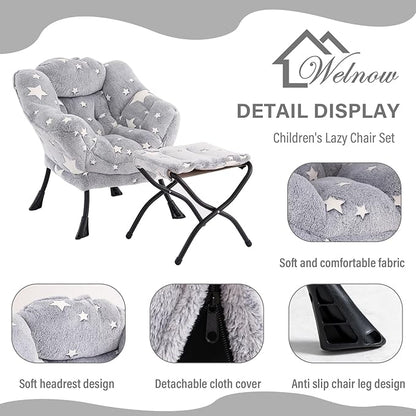 Welnow Toddler Kids Lazy Chair with Ottoman, Glow in The Dark Accent Comfy Lounge Children Armchair Couch with Removable Cover, Detachable Reading Chair with Footrest for Boy or Girl, Grey Star