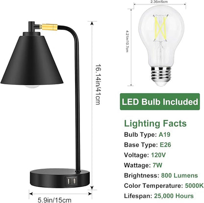 Industrial 3 Way Dimmable Touch Control Desk Lamp with 2 USB Ports & AC Outlet Bedside Nightstand Reading Lamp Flexible Head Farmhouse Black Table Lamp for Office Bedroom Living Room Bulb Included