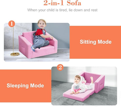 Kids Couch,2-in-1 Toddler Chairs for Girl,Kids Sofa with Storage,Comfortable Kids Sofa Bed,Fun Kids Lounge Chair,Toddler Furniture,Kids Playroom,Children'S Gifts (Pink)