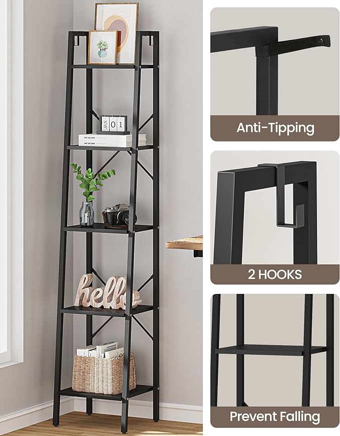 Ladder Shelf, Bookshelf Bookcase, Freestanding Corner Storage Shelve with 2 Hooks for Home Office, Living Room, Kitchen, Bedroom, Industrial, 5-Tier Black BC03204B