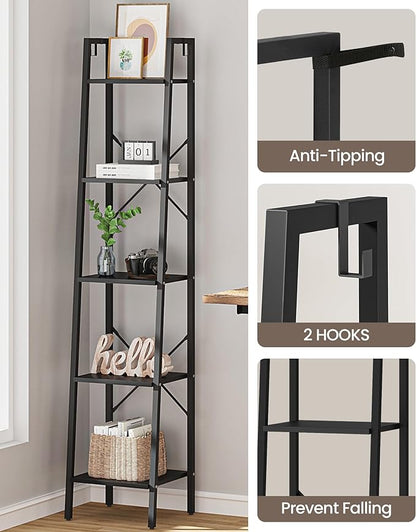 Ladder Shelf, Bookshelf Bookcase, Freestanding Corner Storage Shelve with 2 Hooks for Home Office, Living Room, Kitchen, Bedroom, Industrial, 5-Tier Black BC03204B