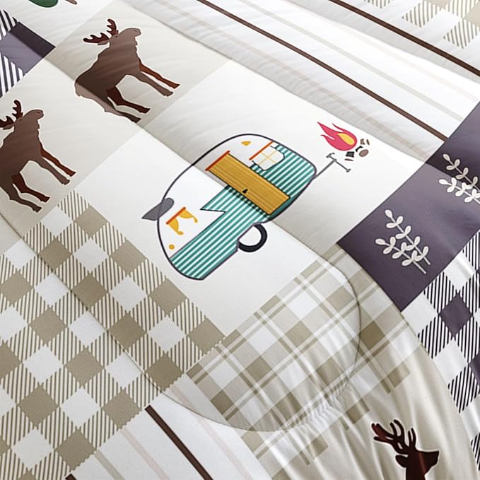 Datura home Happy Camper Comforter Set Rustic Lodge and Camper Deer Printed Quilt Bedding Set with 1 Comforter and 2 Pillowcases for Boys and Girls Bedroom All Season(Camper Queen)