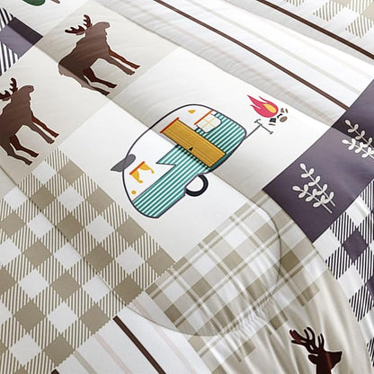 Datura home Happy Camper Comforter Set Rustic Lodge and Camper Deer Printed Quilt Bedding Set with 1 Comforter and 2 Pillowcases for Boys and Girls Bedroom All Season(Camper Queen)