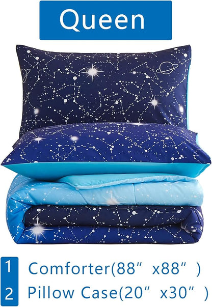 KAKKI Blue Ombre Glitter Galaxy Comforter Set Queen for Boys Girls, Sparkle Constellation Starry Sky Comforter for Kids Teen, 3pc Soft Bedding with 2 Pillow Cases for All Season