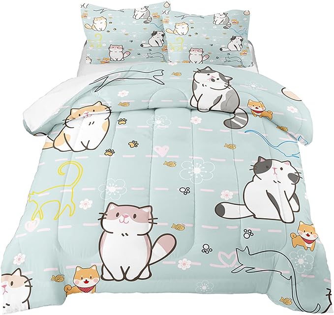 Cartoon Cat Bedding Set, Girls Super Soft Comforter Set Queen Size, Cute Cats Printed Quilt for Kids Teen, Lovely Blue Microfiber Comforter for All Season 3Pcs with Pillowcases