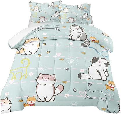 Cartoon Cat Bedding Set, Girls Super Soft Comforter Set Queen Size, Cute Cats Printed Quilt for Kids Teen, Lovely Blue Microfiber Comforter for All Season 3Pcs with Pillowcases