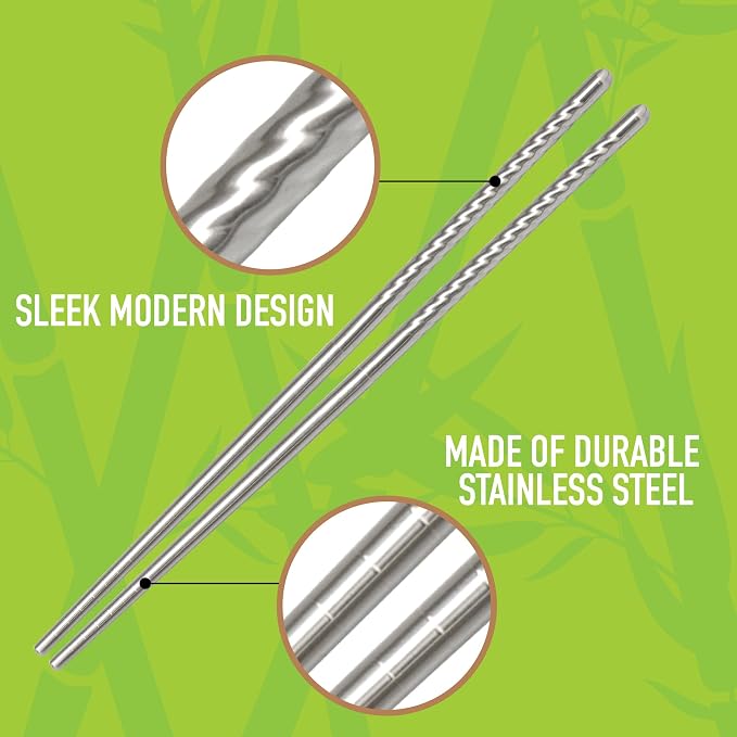 D'Eco Reusable Metal Chopsticks (4 Pairs)- Stainless Steel Twist Apart Silver Chopsticks & Travel Pouch- Lightweight, Durable, Dishwasher Safe- Great for Chinese Japanese Cuisine- On the Go Silverware