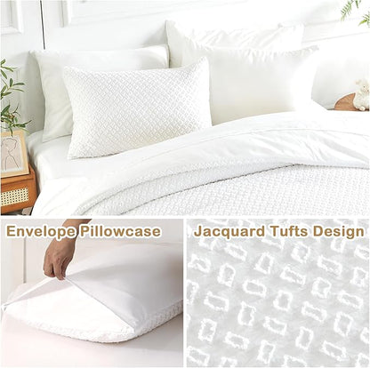 Twin Size Kids Comforter Set 6 Piece White Tufted Bedding Set for Boys Girls Jacquard Tufts Embroidery Bed in A Bag Quilt with 1 Comforter, 1 Flat Sheet, 1 Fitted Sheet, 1 Pillowcase and 2 Pillow Sham