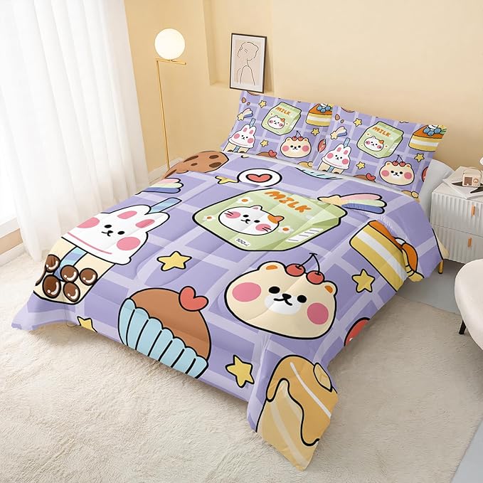 Kawaii Bear Comforter Set for Kids Teens Girls Women,Purple Bear Kids Comforter,1 Comforter with 2 Pillowcase, Microfiber 3 Piece Bedding Set,for All Seasons(Purple，Full Size)