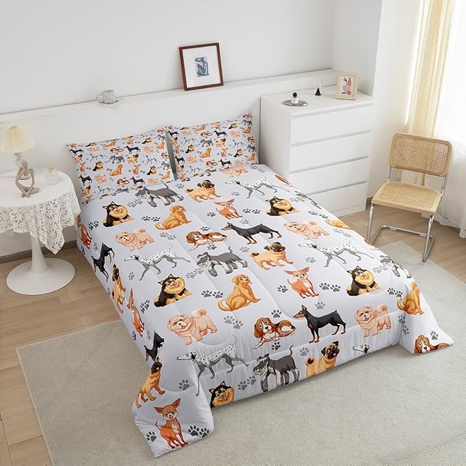 Kids Cute Dog Comforter Set Toddler Cartoon Dogs Bedding Set for Boys Girls Children Pet Dog Puppy Animal Lover Comforter Lovely Dog Paw Down Alternative Comforter for All Season Room Decor Twin Size