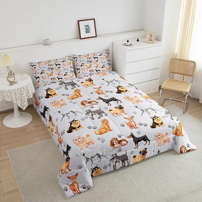 Kids Cute Dog Comforter Set Cartoon Dogs Bedding Set for Boys Girls Pet Dog Puppy Animal Lover Comforter Lovely Dog Paw Comforter for All Season Room Decor King Size Boys
