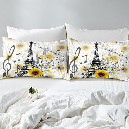 Eiffel Tower Kids Comforter Set Cute Sunflower Bed Sheet Set for Boys Children Teens Bedroom Decor Paris Tower Bedding Set Set Floral Music Themed Bed Cover Full Size with 3 Pillow Case