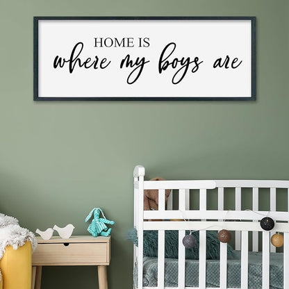 SRSZHIYUE Home Is Where My Boys Are Sign 32"×12" New Mothers Day Gifts ideas Wall Art for kids Playroom Mom Quote Bedroom Large Wood Framed Wall Hanging Decor (Black)